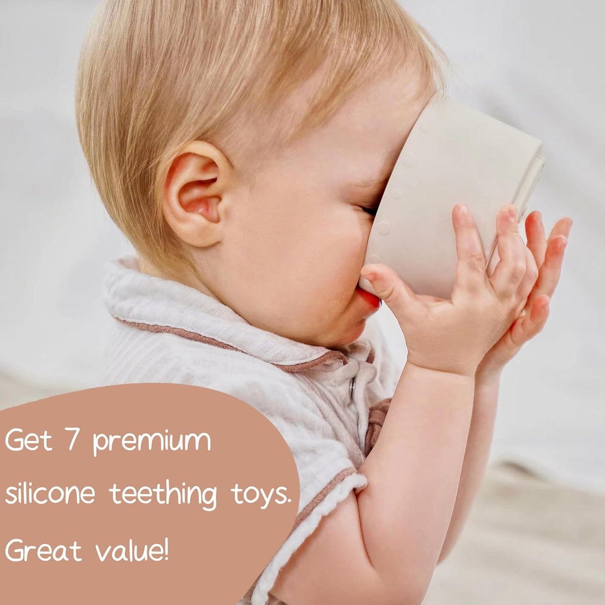 Moonkie 7-piece Stackable Silicone Teether Toy Set for 6+ Months, Soft and Edible