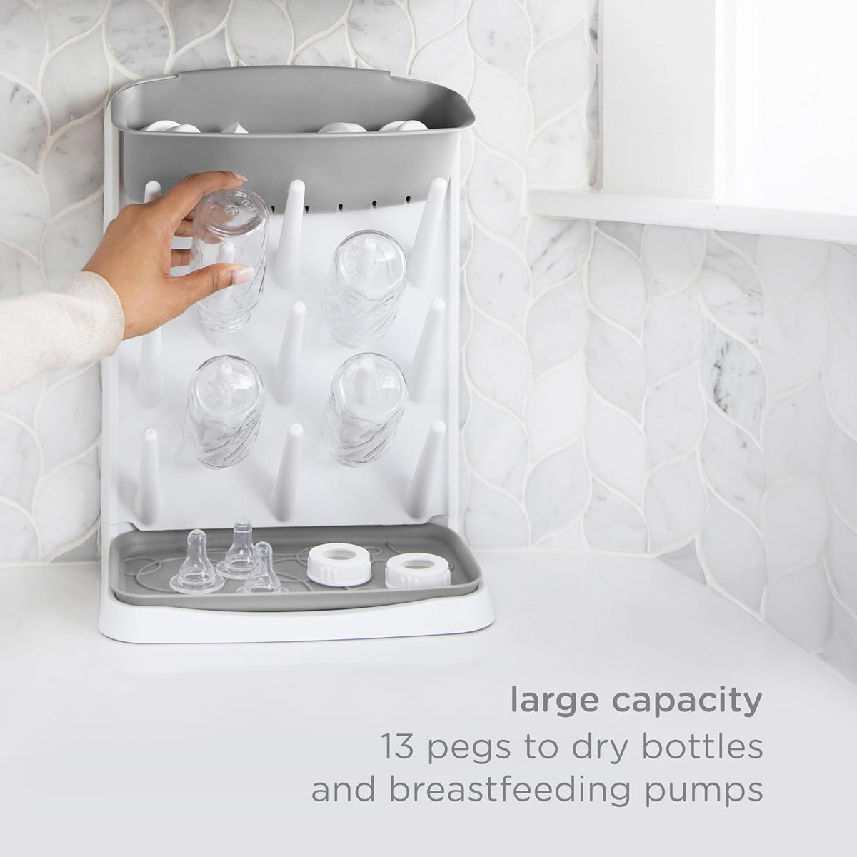 Ubbi Vertical Baby Bottle Drying Rack, Space Saving Countertop Bottle Dryer | 13-Peg Bottle Drying Rack Removable Drain Tray, Baby Organizer for Pump Parts, Pacifiers & Accessories, Dishwasher Safe, Gray