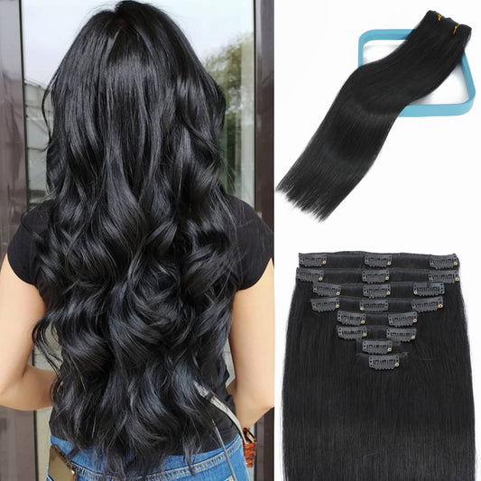 Lorien Clip In Hair Extensions Real Human Hair, 24 Inch 120G, 1 Jet Black, Clip In 100% Brazilian Remy Human Hair Extensions 8Pc