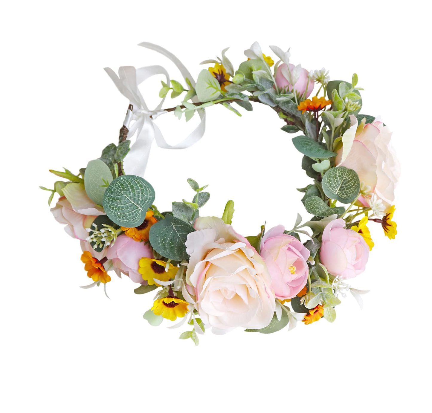Vivivalue Floral Crown Bridal Flower Headband Hair Wreath Floral Headpiece Halo Boho With Ribbon Wedding Party Festival Photos