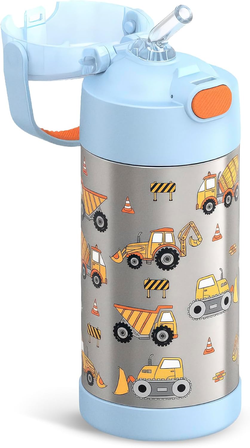 THERMOS FUNTAINER Water Bottle with Straw, 12oz, Construction | Kids Stainless Steel Insulated Water Bottle, Keeps Drinks Cold Longer for School & Play, BPA-Free