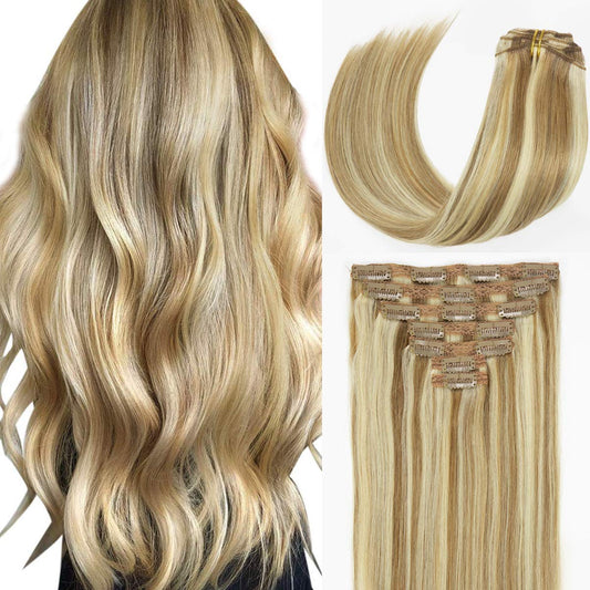Caliee Piano Golden Brown #10 Mixed Bleach Blonde #613 Seamless Clip In Hair Extensions Double Weft Lace Invisible Silky Straigh