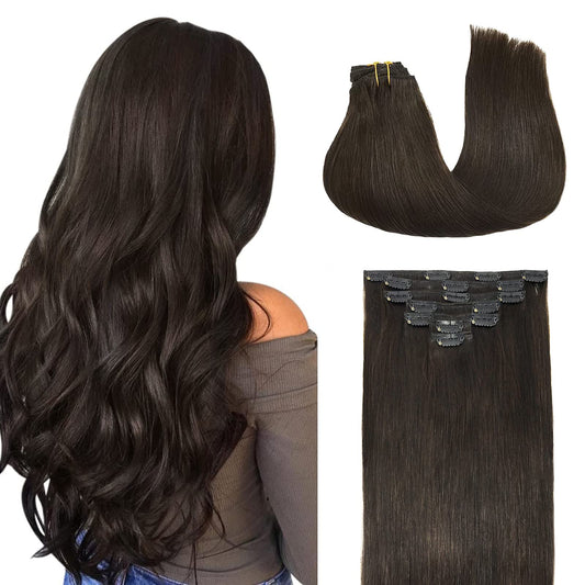 Doores Human Hair Extensions Clip In Dark Brown 120G 7Pcs 14 Inch Clip In Hair Extensions Remy Natural Human Hair Straight