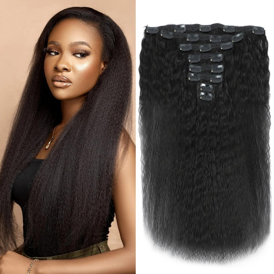 Lumiere Yaki Straight Clip In Hair Extensions - Kinky Straight Clip Ins For Black Women Grade 10A Brazilian Real Human Hair 8Pcs