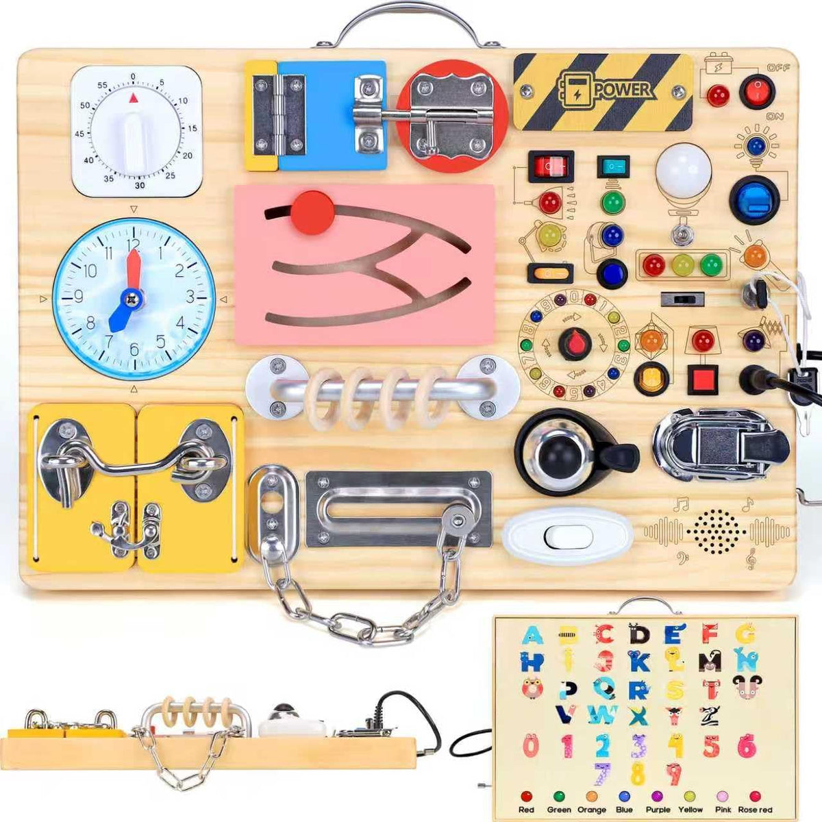 Busy Board for Toddlers with LED Light Switches, 13 Unique Switches, 24 LED Lights, Montessori Toy for 1-3 Years Old