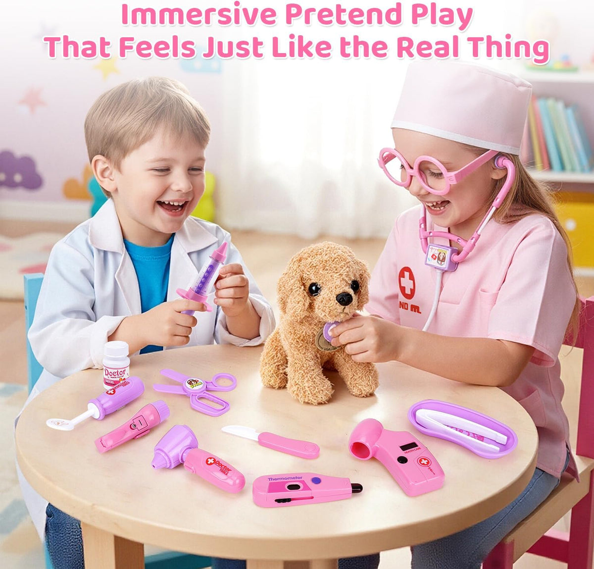 Meland toy doctor kit for girls, pretend play vet dog toys, stethoscope, dress up, 3-6 years old role play
