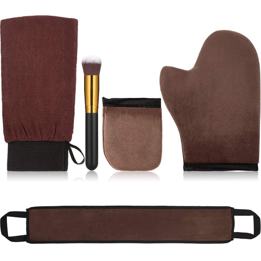 5 Pieces Self Tanning Mitt Applicator Kit, Includes Exfoliating Glove, Tanning Mitt, Mini Face Mitt, Back Lotion Applicator With