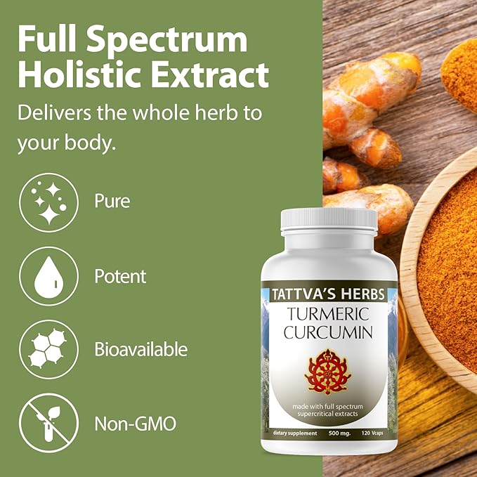 Tattva's Herbs Turmeric Curcumin 500 mg, Herbal Supplement for Antioxidant Support, Turmeric Curcumin with Black Pepper for Advanced Absorption, 1 Pack, 120 Veggie Capsules