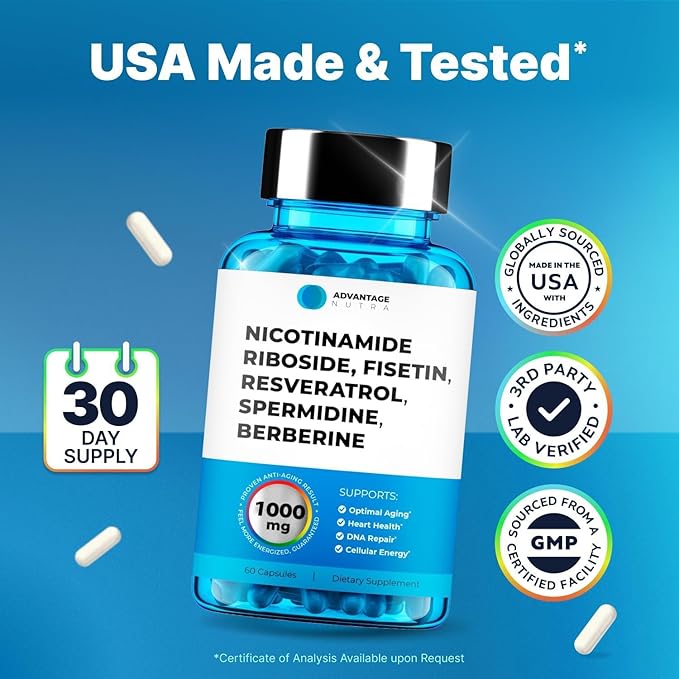 NMN Supplement Alternative - Liposomal Nicotinamide Riboside, Fisetin, Resveratrol, Spermidine, Berberine - High Purity NAD Supplement for Anti Aging, Heart 60 Capsules