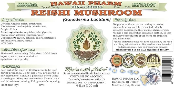 Reishi Alcohol-Free Liquid Extract - Tonic of Emperors, Organic Reishi Mushroom (Ganoderma Lucidum) Dried Mushroom Glycerite Natural Herbal Supplement, Hawaii Pharm, USA 4x4 fl.oz