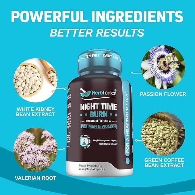 Herbtonics Night Time Weight Supplement & Sleep Aid – Dual-Action Metabolism & Appetite Support | Melatonin, L-Theanine, Lemon Balm, Green Tea Extract | GLP-1 Support | 60 Vegan Capsules