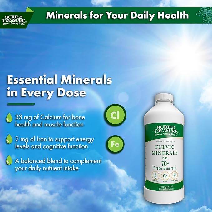 Buried Treasure Liquid Advantage FULVIC MINERALS Pure 70+ Trace Minerals 33 oz Dietary Supplement