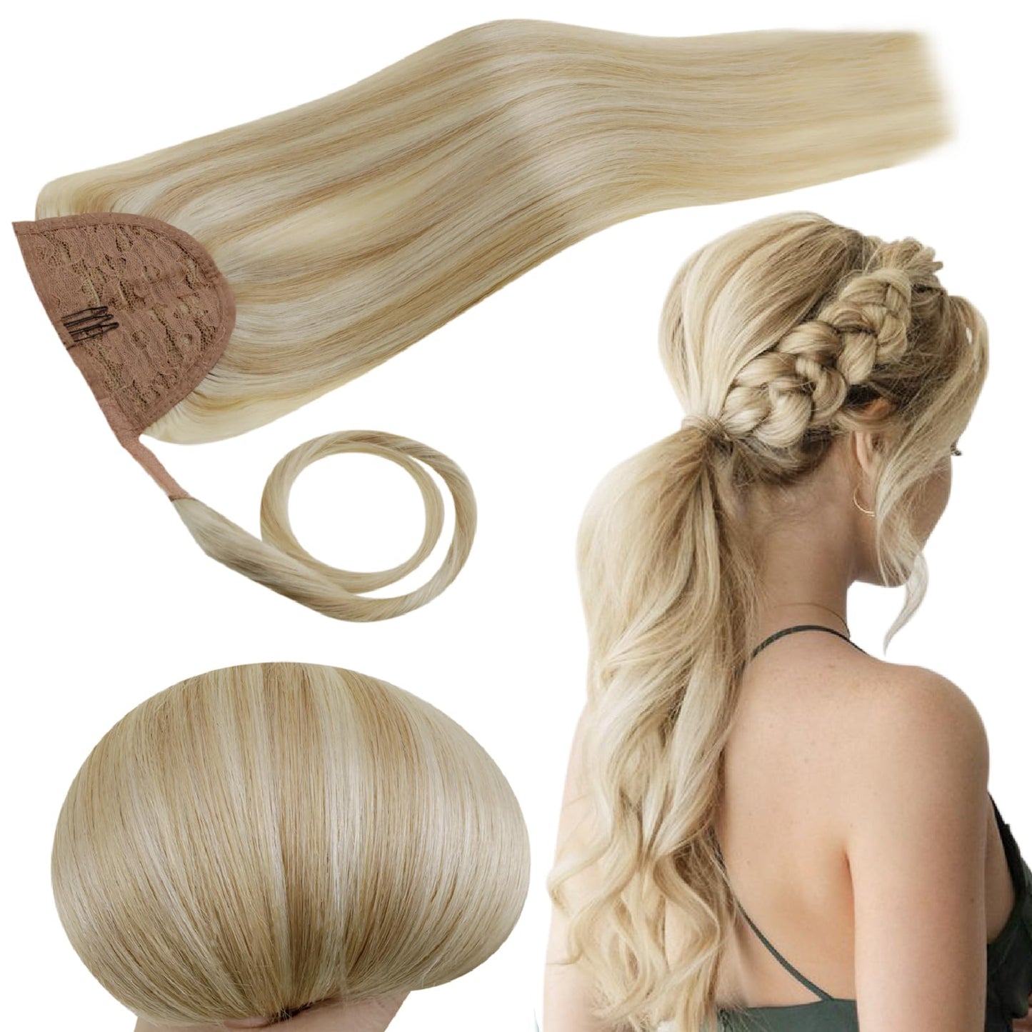 Runature Human Hair Ponytail Extension 18 Inch Ash Blonde With Platinum Blonde Straight Ponytail Hair Extension Human Hair With