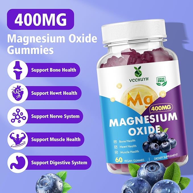 Magnesium Oxide Gummies 400mg, Sugar Free Magnesium Oxide Supplement for Adults & Kids, Muscle Support & Energy Boost, Non GMO, Blueberry Flavor 60 Count
