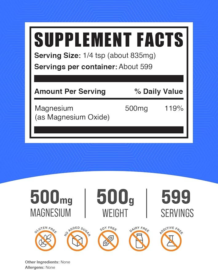 BulkSupplements.com Magnesium Oxide Powder - Magnesium Oxide Supplement, Magnesium Oxide 500mg - Gluten Free, 835mg (500mg of Magnesium) per Serving, 500g (1.1 lbs) (Pack of 1)