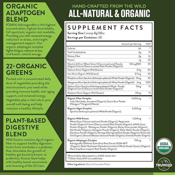 TruWild Greens Superfood Juice Powder, with 22+ Greens & Anti-Oxidants, Natural Immune, Stress, Digestion Support Powder, 90 Servings, 3 Pack