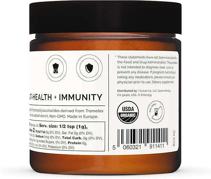 Erbology Organic Turkey Tail Mushroom Powder 40 Servings - 22% Beta-glucans - Prebiotic and Gut Nourishing - Trametes Versicolor - Small Batch - Sustainably Grown in Europe - Vegan - Non-GMO
