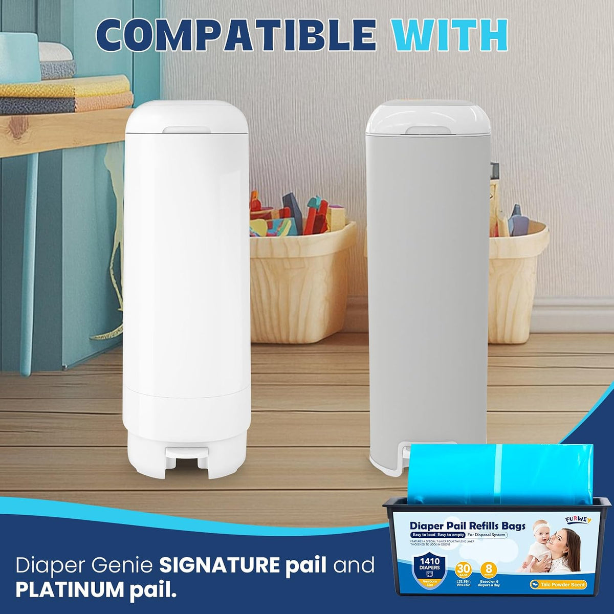 FURWEY Diaper Pail Refill Bags, 2-Pack (60 Bags), 30 Bags Per Refill | Compatible with Genie Easy Roll Signature Diaper Pails, Holds Up to 4230 Newborn Diapers, 7 Layer Odor Barrier, Scented