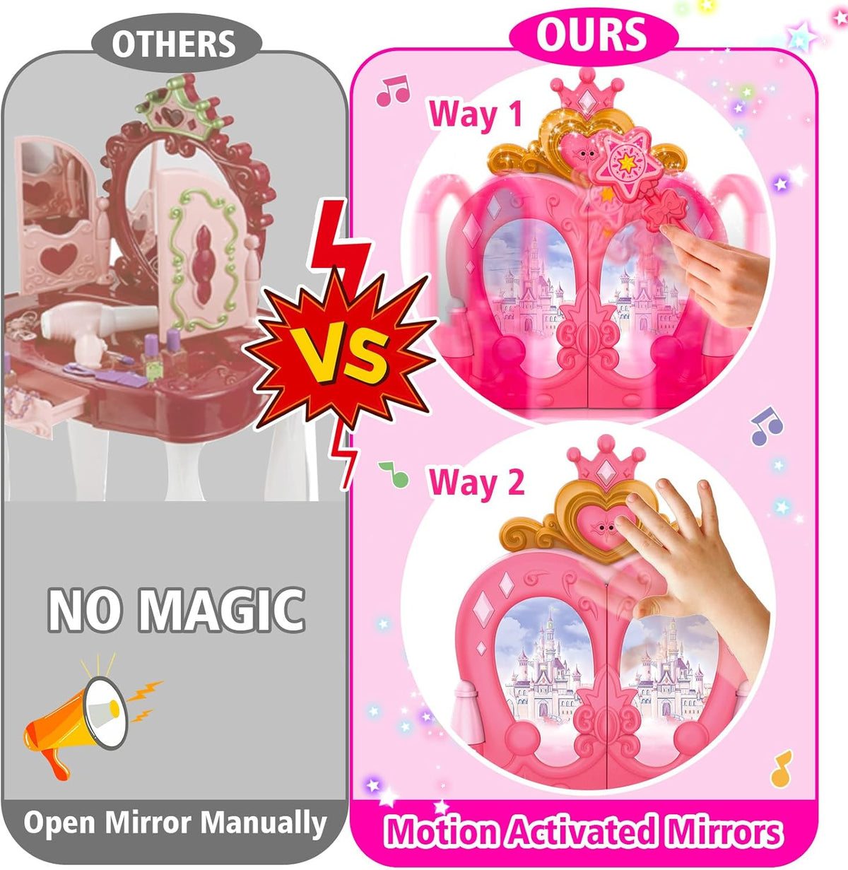 Toddler Vanity Magic Makeup Set Table & Chair Girl Toy Automatically Mirror with Music Light Pink Toys for 3 4 5 Year Old Girl Hair Salon Pretend Play Princess Dress Up Playset Valentine Gift Age 3-5