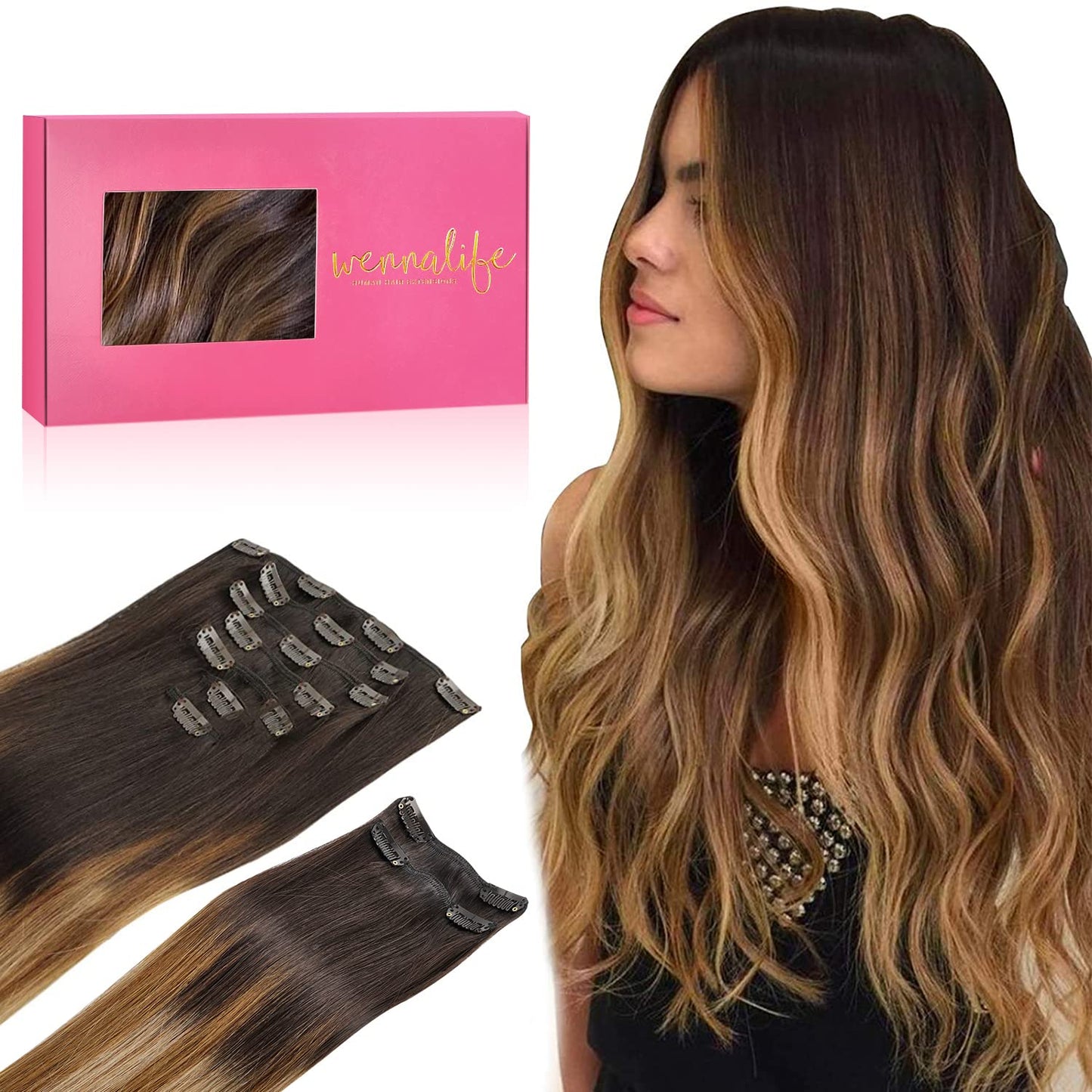 Wennalife Clip In Hair Extensions, 150G 20 Inch 9Pcs Highlight Dark Brown To Chestnut Brown And Dirty Blonde Human Hair Extensio