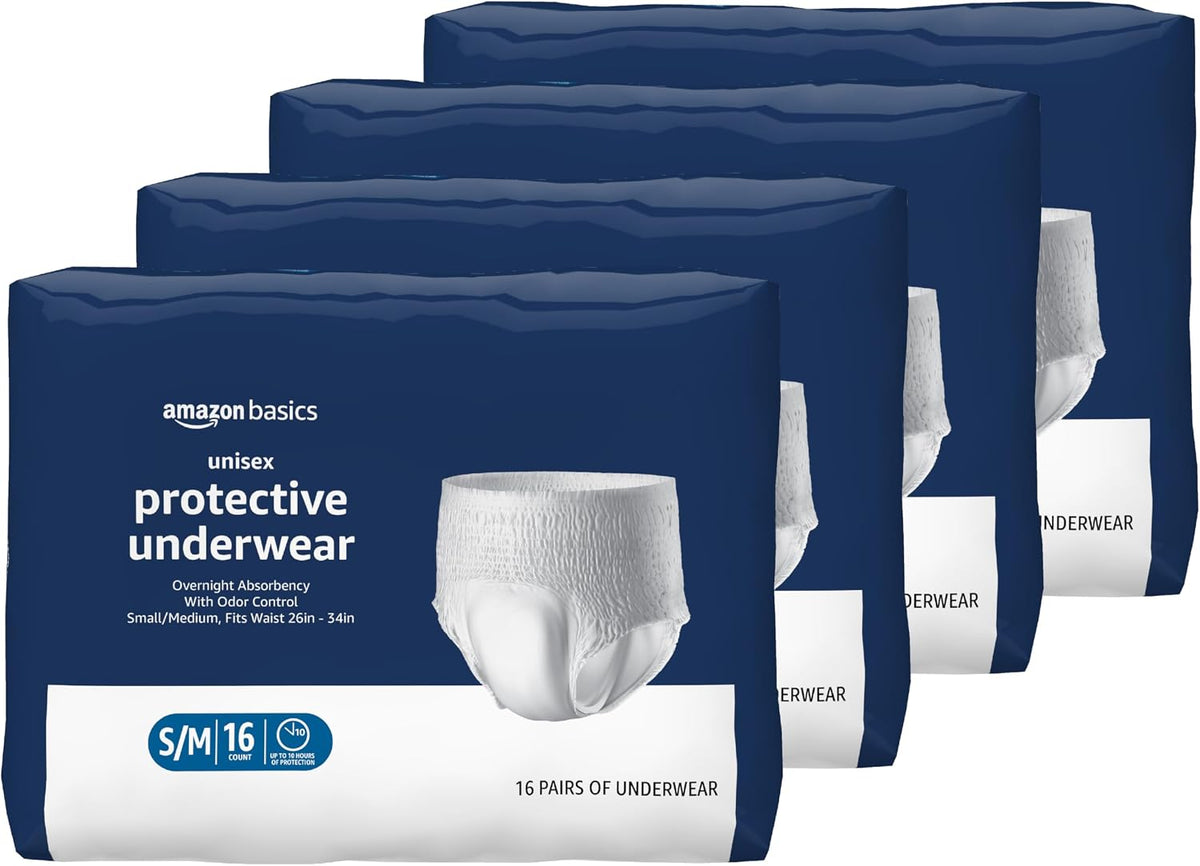 Amazon Basics Unisex Protective Underwear, Overnight Absorbency, Small/Medium, 16 Count