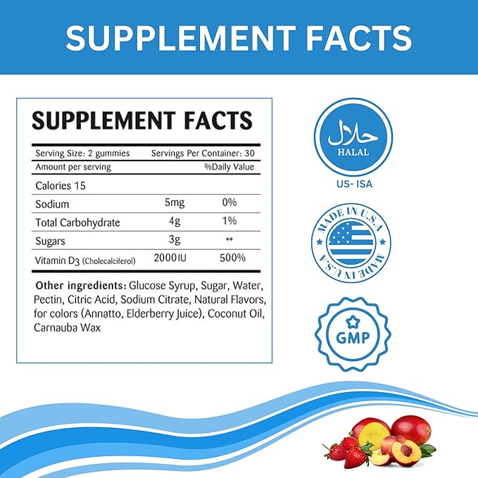 Greenfield Nutritions Halal Vitamin D3 Gummies for Adults - 2000 IU (50 mcg), 90 Gummy Halal Vitamins - Non-GMO Gluten Gelatin Free Vegetarian Halal Vitamin D - Supports Bone Heart & Immune Health