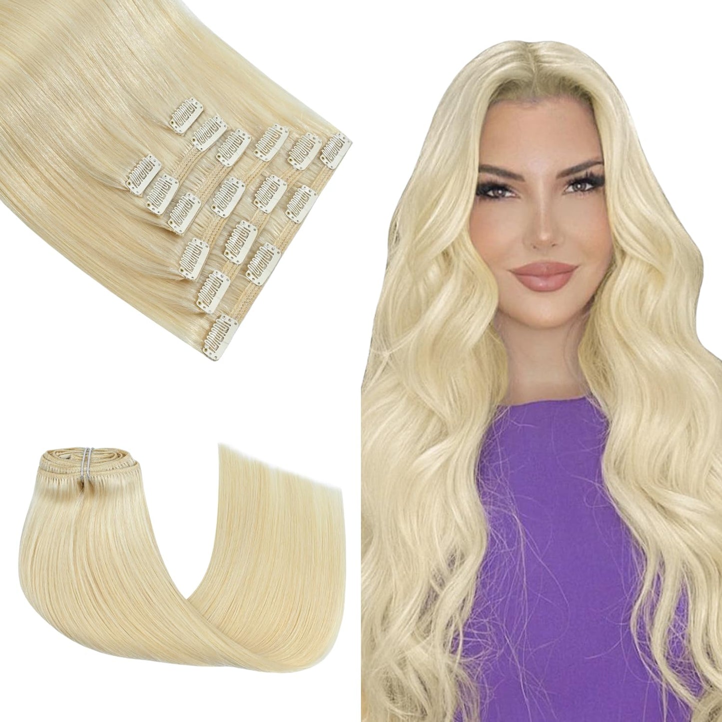 Honsoo Hair Extensions Platinum Blonde Human Hair 120G 16 Inch 7Pcs Natural Double Weft No Shedding No Tangling Remy Human Hair