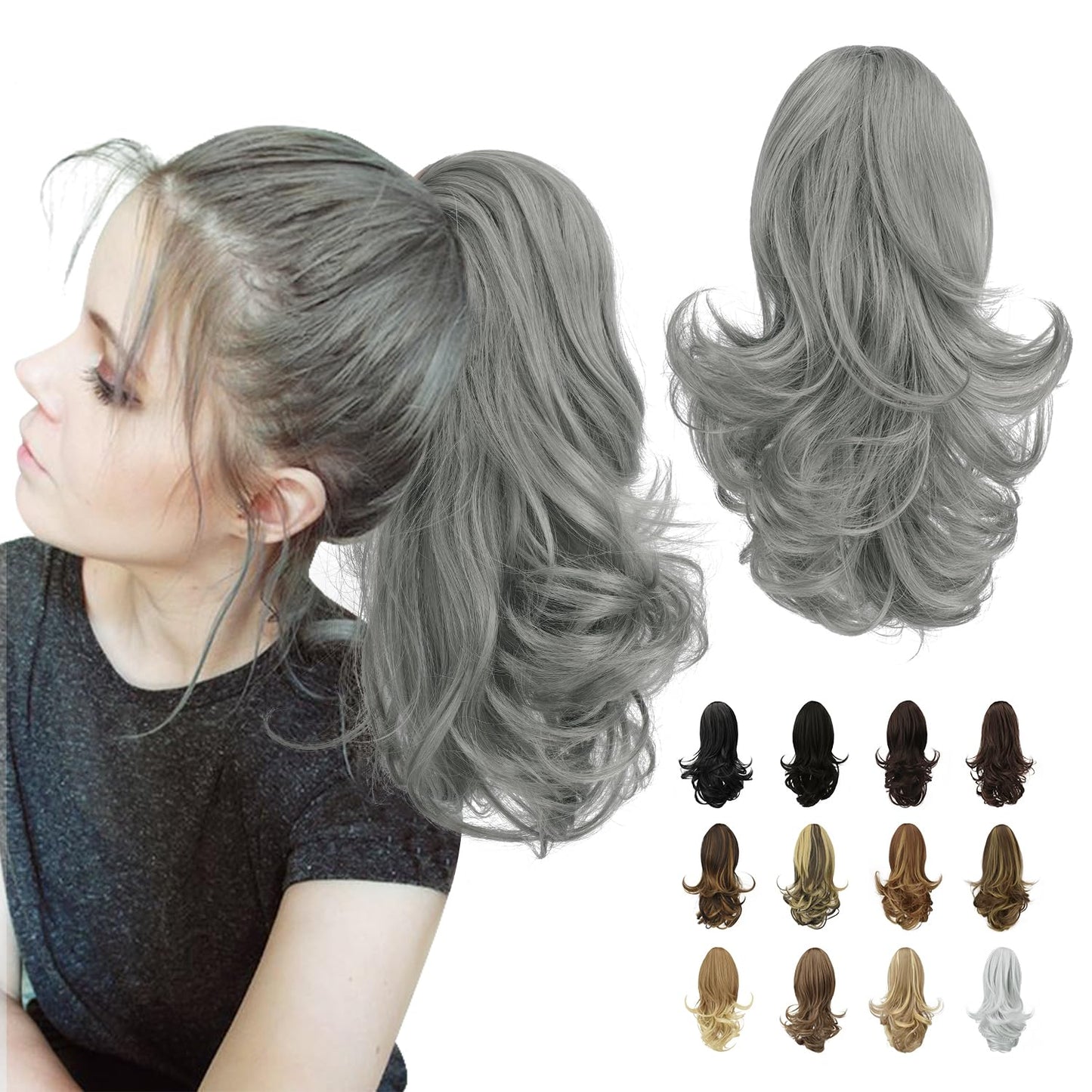 Sofeiyan 13 '' Ponytail Extension Long Curly Ponytail Clip In Claw Hair Extension Natural Synthetic Hairpiece For Women, Grey Da