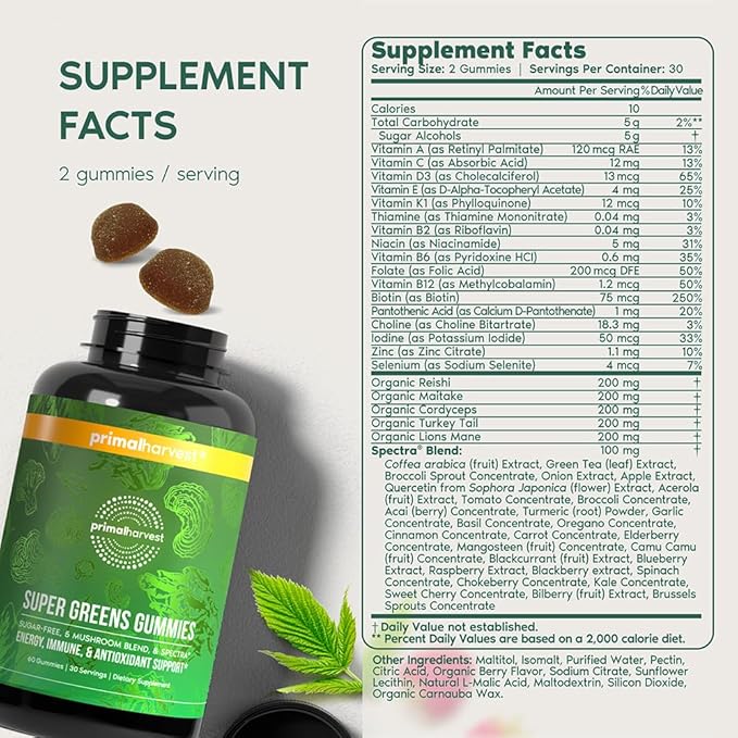 Primal Harvest Super Greens Gummies, Superfood Blend with Adaptogenic Mushrooms Vitamins & Nutrient-Rich Minerals & Antioxidants for Energy & Immune Support (1 Pack (60 Count), Berry)