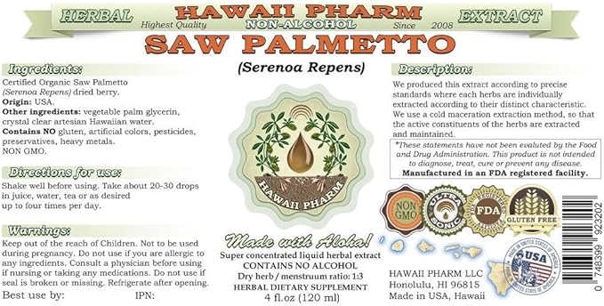 Saw Palmetto Alcohol-Free Liquid Extract, Organic Saw Palmetto (Serenoa Repens) Dried Berry Glycerite Natural Herbal Supplement, Hawaii Pharm, USA 2x2 fl.oz