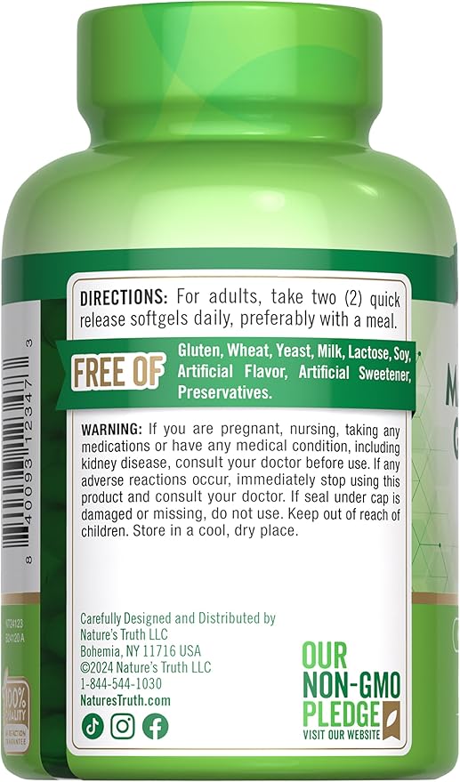 Nature's Truth Magnesium Glycinate 250mg | 60 Softgels | High Absorption | Non-GMO & Gluten Free Mineral Supplement
