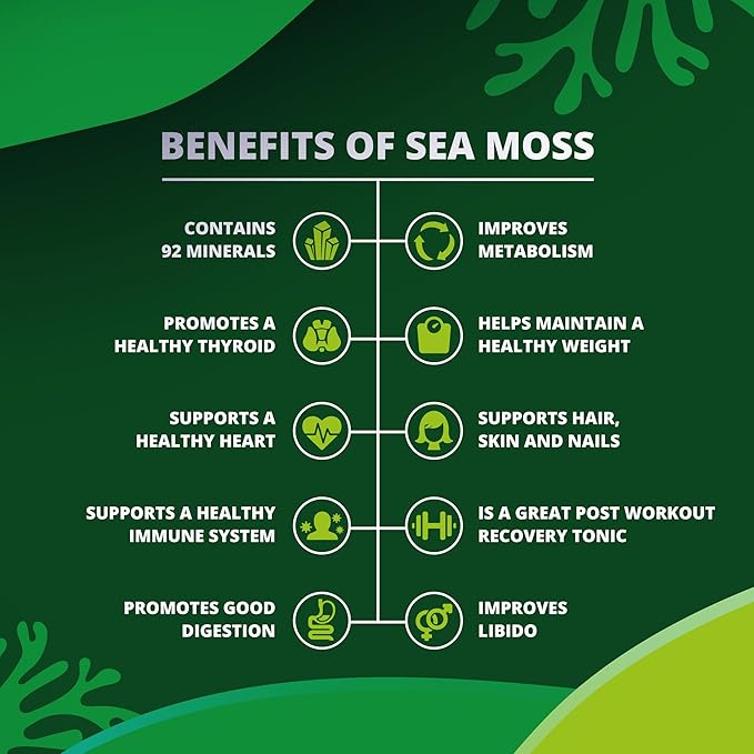 Sea Moss with Black Seed Oil, Ashwagandha, Turmeric, Bladderwrack, Burdock Root, Manuka Honey, Vitamin C & D3, Apple Cider Vinegar, Dandelion Root, Yellow Dock Root, Elderberry Fruit, Chlorophyll