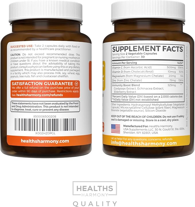 Vitamin C Immune Support Supplement - Immunity Boost Blend with Elderberry Vitamin C and Zinc for Daily & Seasonal Support - Immunity Supplement with Magnesium Zinc Vitamin C and D (1 Month Supply)