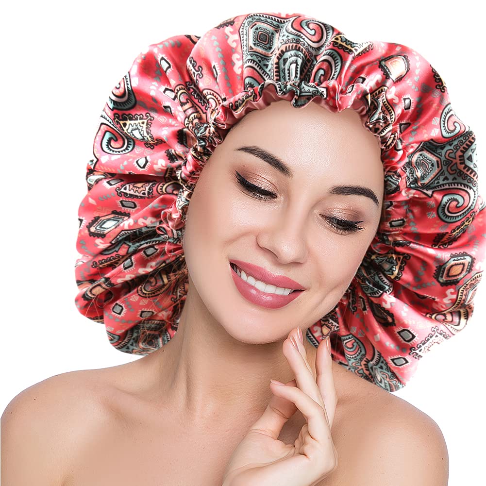 Elihair Silky Night Sleeping Cap Satin Bonnet For Curly Hair Adjustable Hair Bonnet Reversible Double Layer X-Large Retro Pink