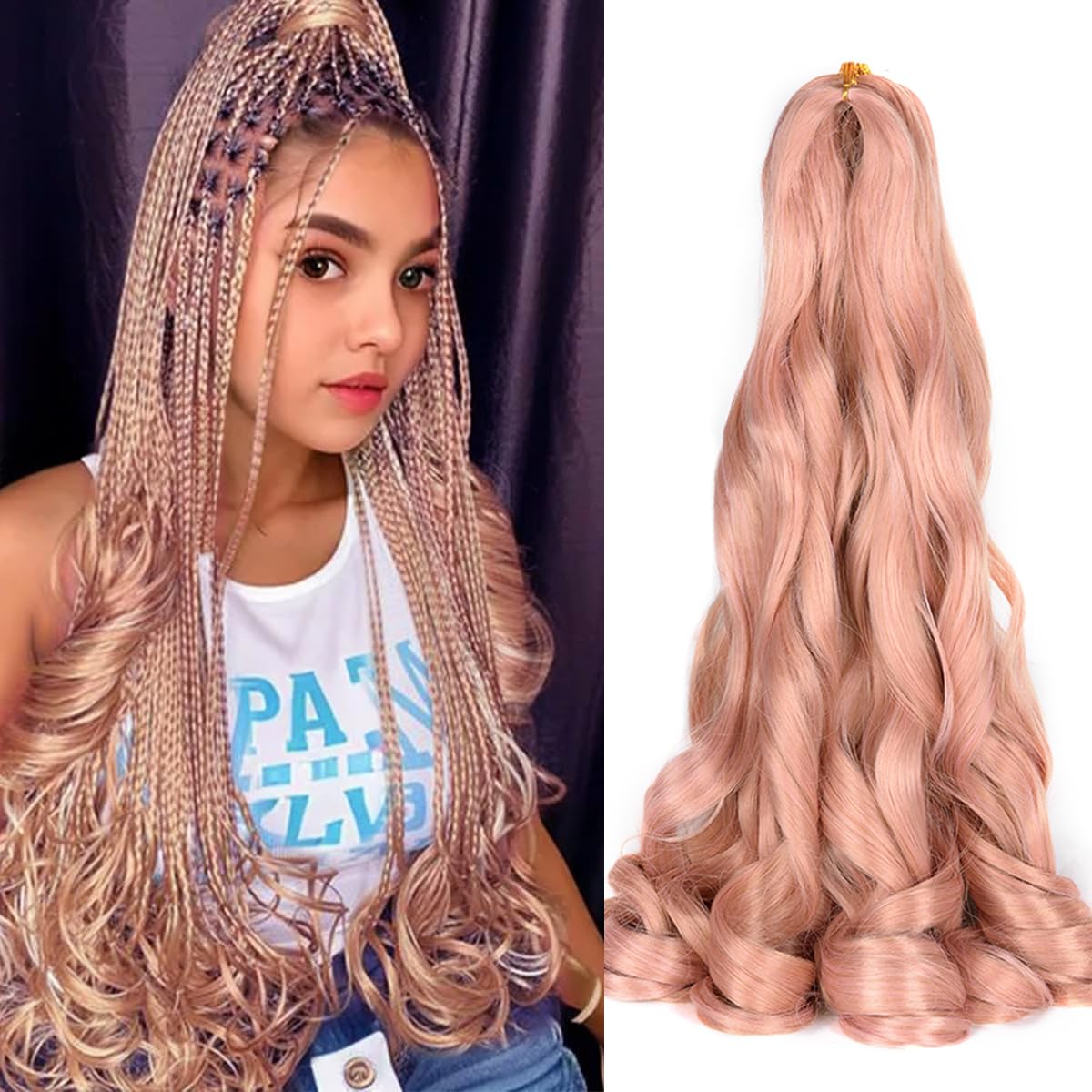 French Curly Braiding Hair,Loose Wave Braiding Hair 8 Packs 24 Inch 75G/Pack Pink Crochet Braids Hair Spanish Curly Synthetic Sp