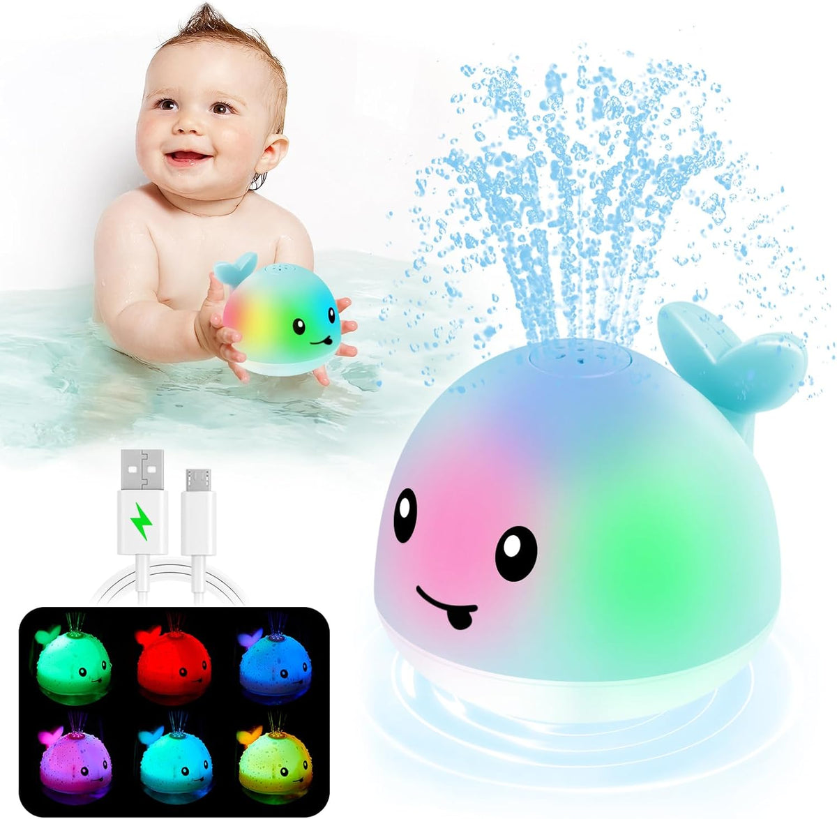 Anggiko Baby Bath Toy, Light Up Whale Sprinkler for Toddlers Ages 1-3, 6-12 Months Rechargeable Battery Toy Gift