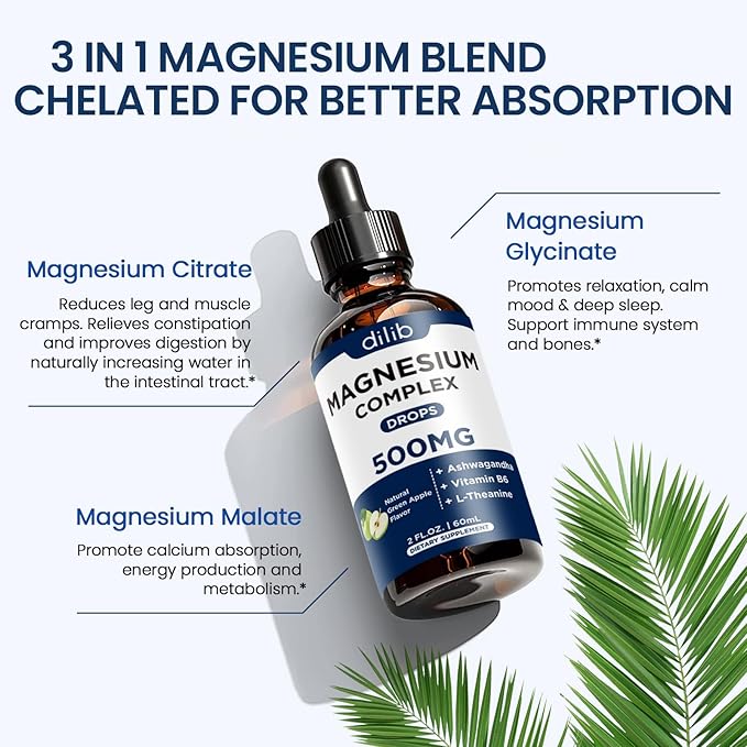 Triple Magnesium Complex Supplement-Magnesium Glycinate, Citrate, Malate Liquid Drops 500mg with Ashwagandha, L-Theanine, B6 for Calm, Stress Relief, Sleep, Muscle Support-Green Apple Flavor