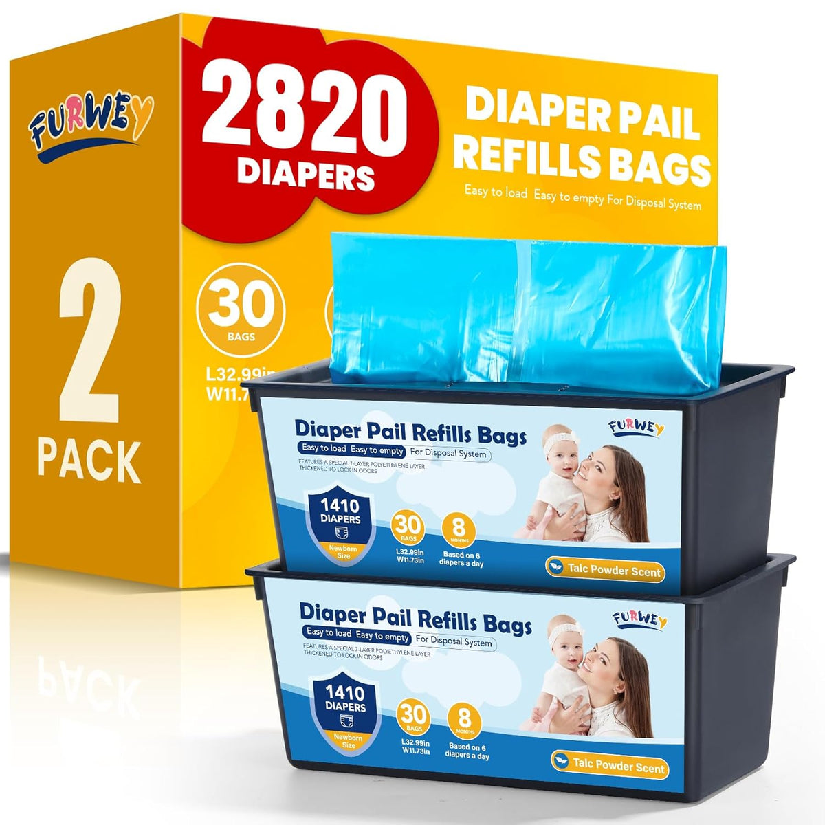 FURWEY Diaper Pail Refill Bags, 2-Pack (60 Bags), 30 Bags Per Refill | Compatible with Genie Easy Roll Signature Diaper Pails, Holds Up to 4230 Newborn Diapers, 7 Layer Odor Barrier, Scented