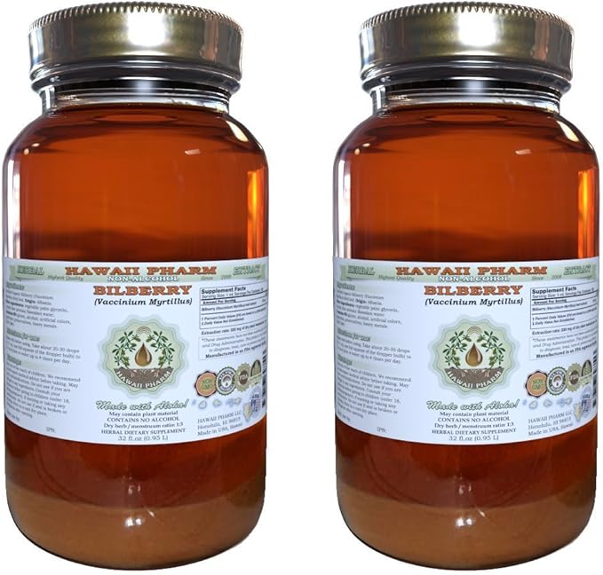 Bilberry Alcohol-Free Liquid Extract, Organic Bilberry (Vaccinium myrtillus) Dried Leaf Glycerite Hawaii Pharm Natural Herbal Supplement 2x32 oz Unfiltered