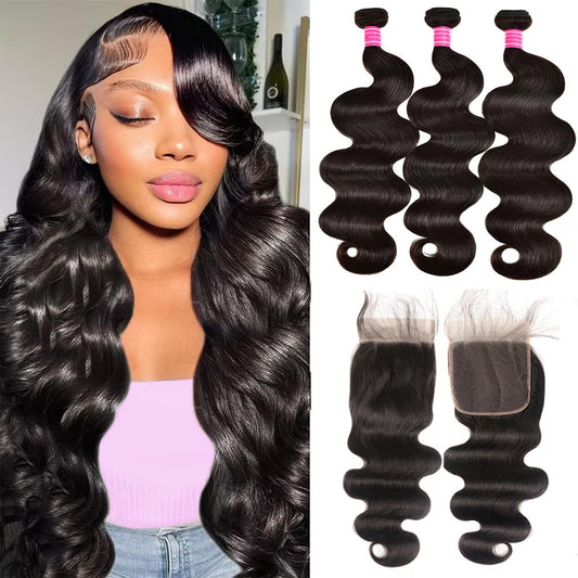 Adigrace Body Wave Bundles With Closure (20 22 24+18) Brazilian Human Hair 3 Bundles With 4X4 Hd Lace Closure 100% Unprocessed V