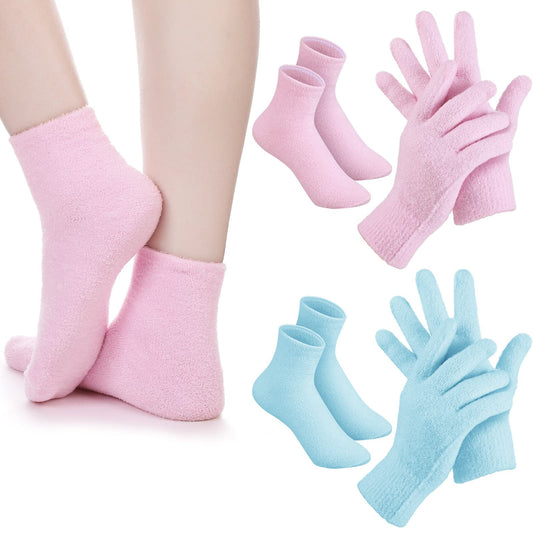 Jiuguva 4 Pairs Moisturizing Gloves Socks Set Gel Aloe Gloves Infused Lotion Gloves Heel Socks For Dry Cracked Feet Women Men (B