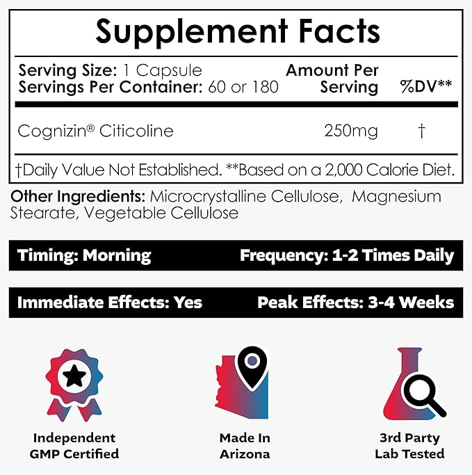 Nootropics Depot Cognizin Citicoline Capsules | 180 Count | Choline Supplement | Brain Health Supplement | Regulates Memory and Cognitive Function | Supports Attention, Focus and Recall