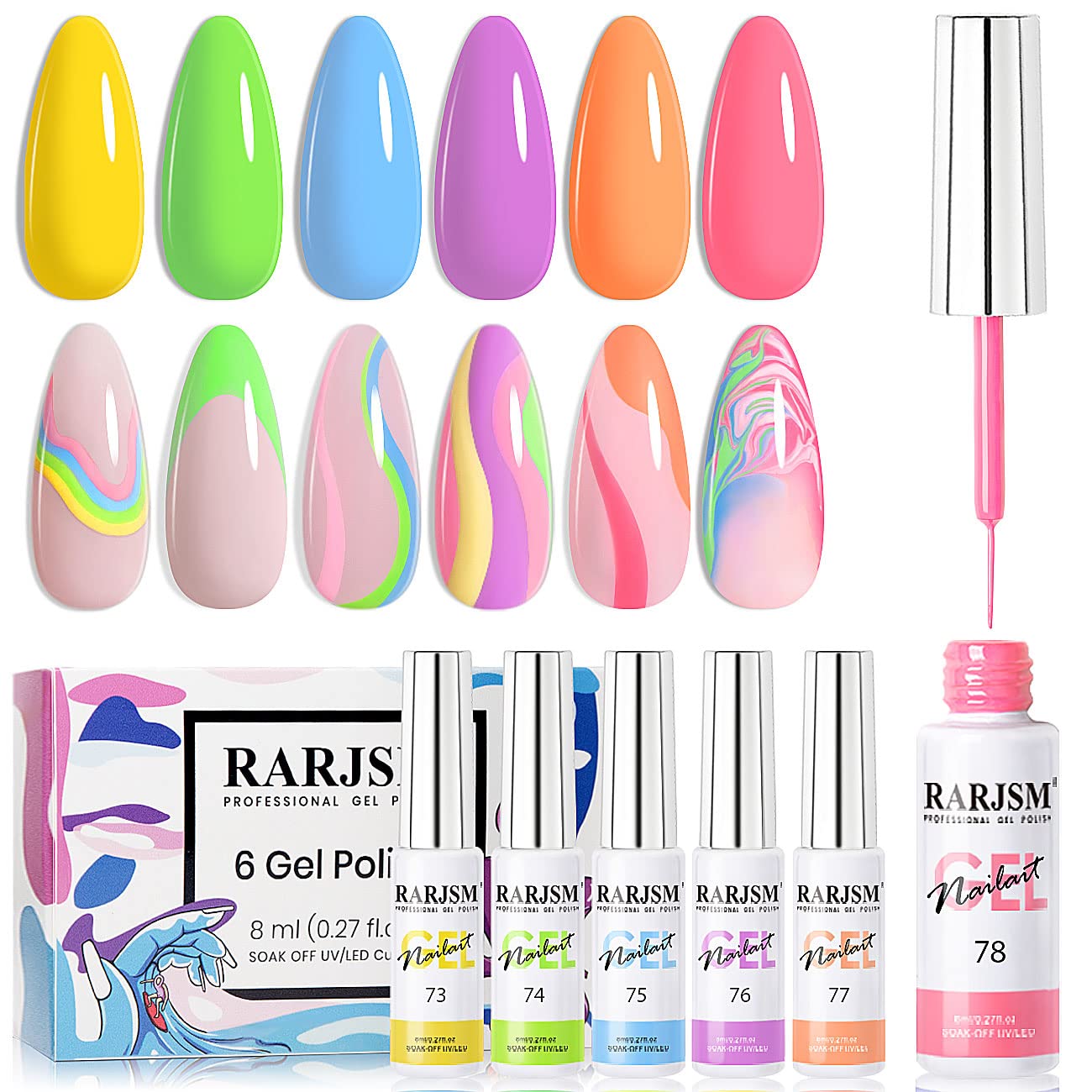 Rarjsm Nail Art Liner Gel Polish 6Pcs Set Marshmallow Pastel Yellow Green Blue Purple Orange Pink Spring Summer Colors Line Gel