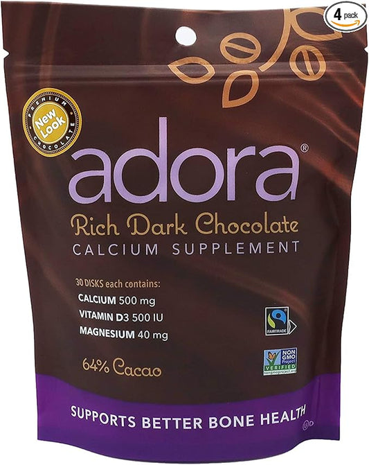 Adora Adora Calcium Supplement, 500mg, Dark Chocolate 30 disks (Quantity of 4)