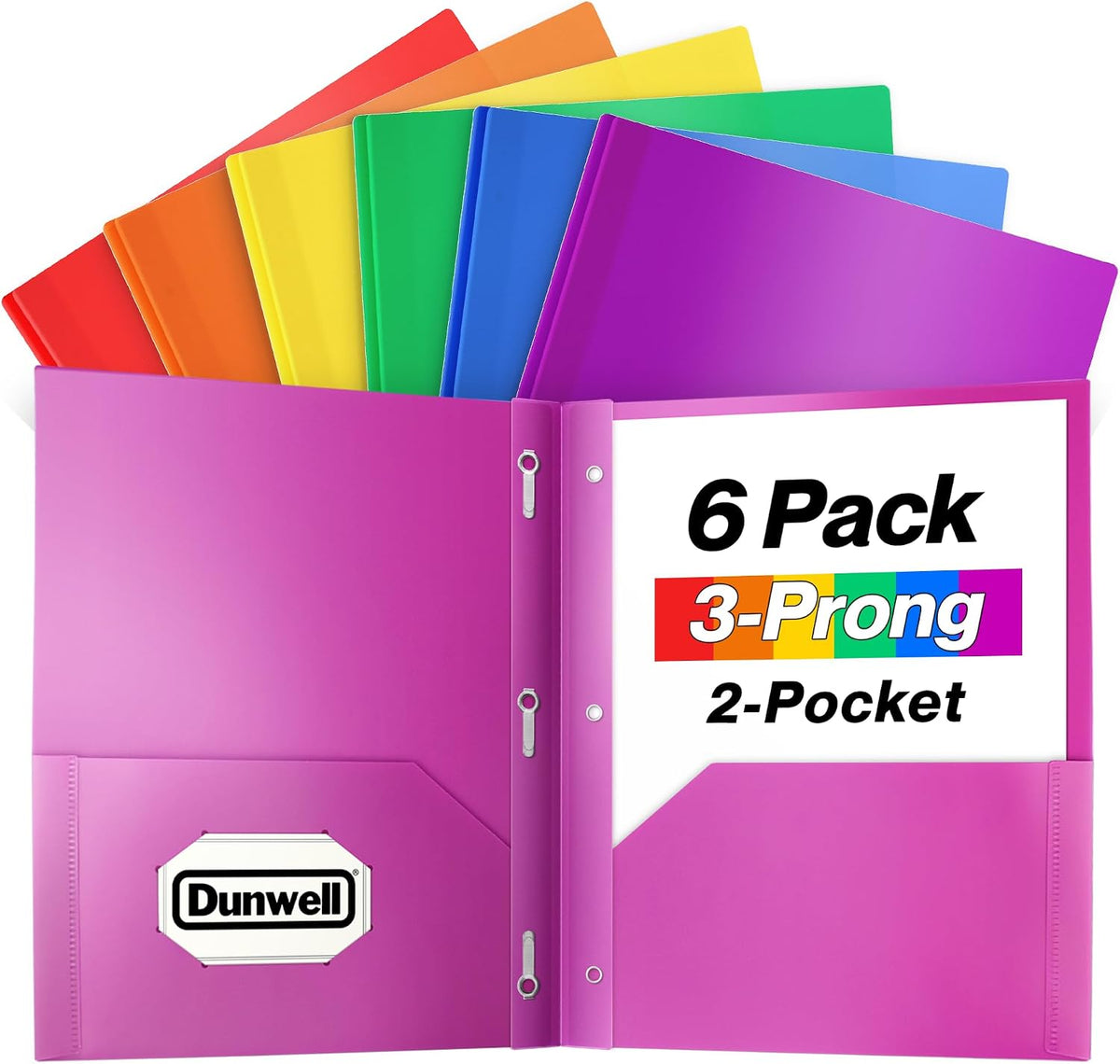 Dunwell Plastic 2 Pocket Folders with 3 Prongs, (6 Pack, Assorted Colors), 3-Clasp Folders with Fasteners, Tear-Resistant, Long Lasting Acid-Free Poly, Includes Labels