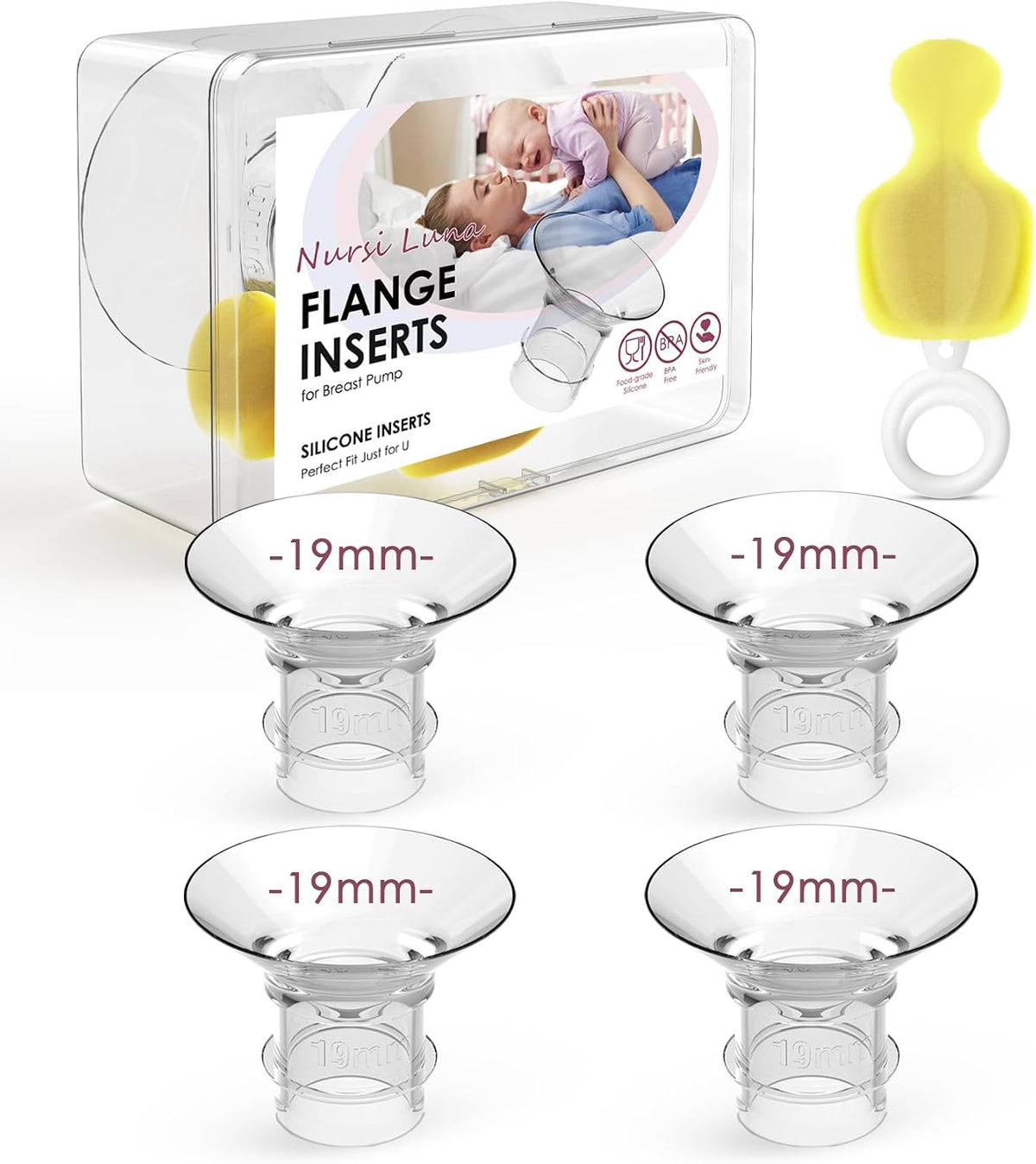 Nursi Luna Flange Sizing Kit, Flange Inserts for 24mm Breast Pumps, 10PCS | 13/15/17/19/21mm, Includes Nipple Sizer for Flanges to Find the Right Fit, Soft Silicone for Comfortable & Efficient Pumping