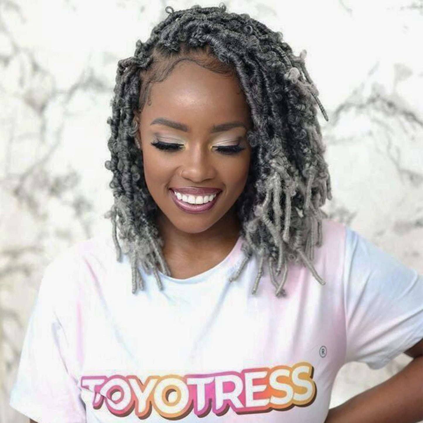 Toyotress Butterfly Locs Crochet Hair - 10 Inch 8 Pcs Ombre Gray Faux Locs Pre-Twisted Distressed Crochet Braids Pre-Looped Synt