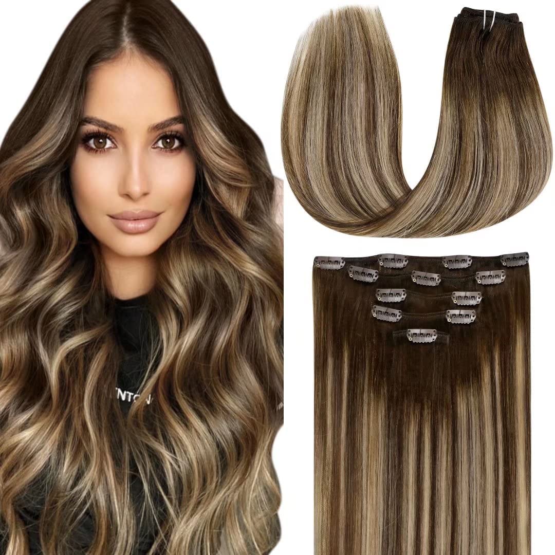 Hetto Clip In Hair Extensions Real Human Hair Balayage Brown Mix Blonde Clip In Human Hair Extensions 105+20G 7Pcs #4/27/4 Dark