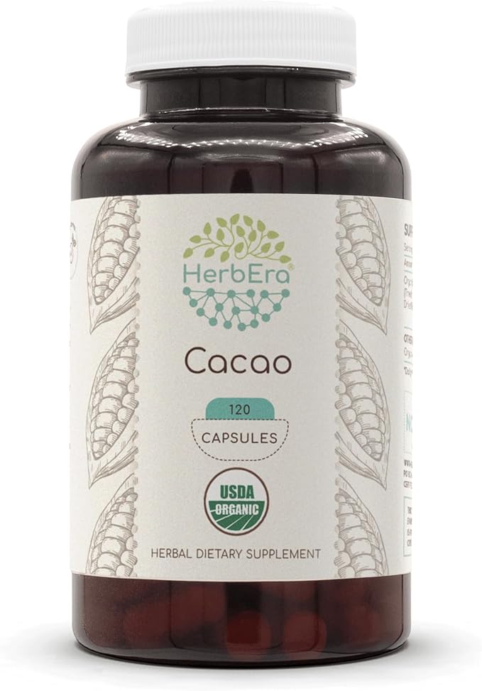 Cacao USDA Organic 120 Capsules | Natural Herbal Supplement | Certified Organic Vegetarian Capsules and Organic Cacao (Theobroma Cacao) Dried Raw Beans (120 Capsules)