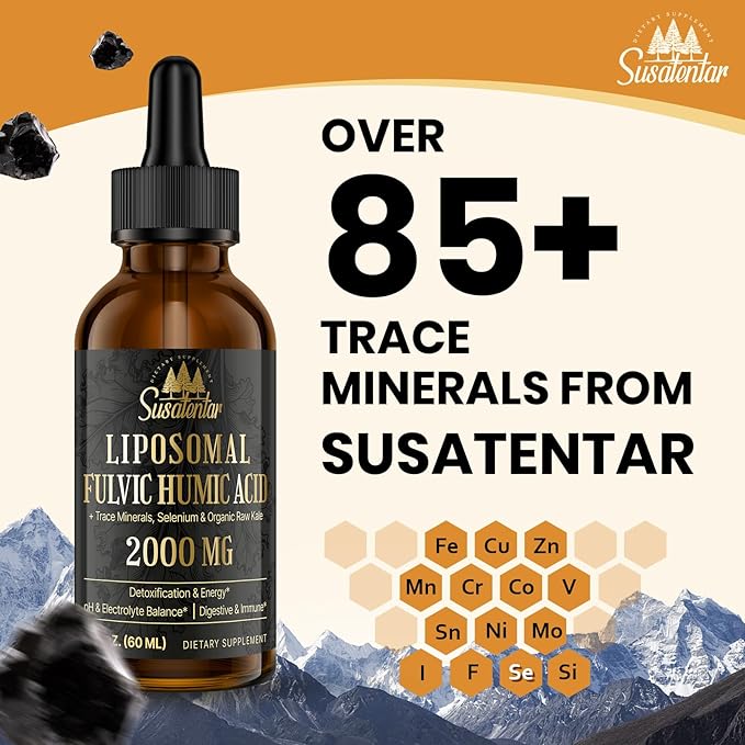 Trace Minerals Electrolytes Drops 2000 MG | Liquid Liposomal Fulvic Humic Acid Supplement | 85+ Trace Minerals | Hydration | Detoxification | Energy | pH Balance | Digestion | Immunity | 6 Oz